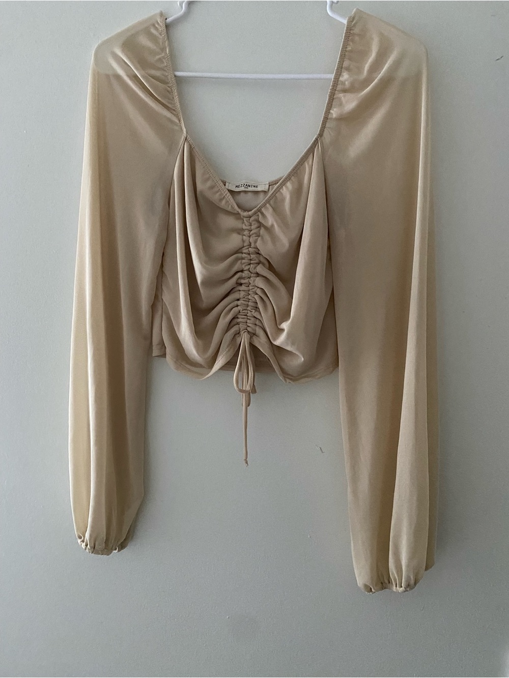 Beige Ruched Drawstring Long Sleeve Crop Top
